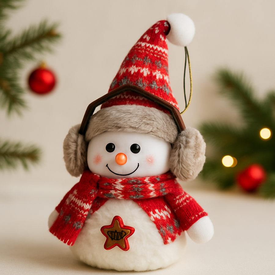 Plush Christmas Snowman Teddy – 30 cm Soft Winter Decoration with Knitted Hat, Scarf & Earmuffs | Hanging Xmas Décor for Home, Table & Gifting