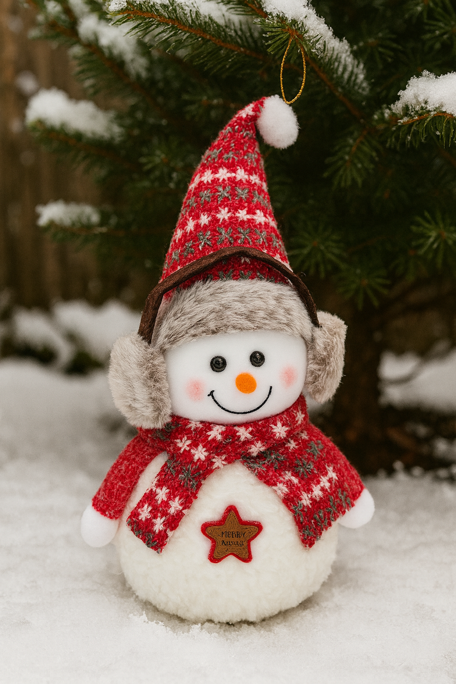 Plush Christmas Snowman Teddy – 30 cm Soft Winter Decoration with Knitted Hat, Scarf & Earmuffs | Hanging Xmas Décor for Home, Table & Gifting