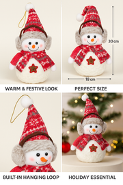 Plush Christmas Snowman Teddy – 30 cm Soft Winter Decoration with Knitted Hat, Scarf & Earmuffs | Hanging Xmas Décor for Home, Table & Gifting