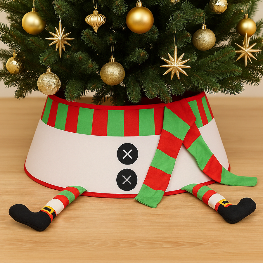 Coral Tree Elf Legs Christmas Tree Collar – Funny Foldable Tree Stand Skirt, 56 cm Base, Festive Holiday Decoration