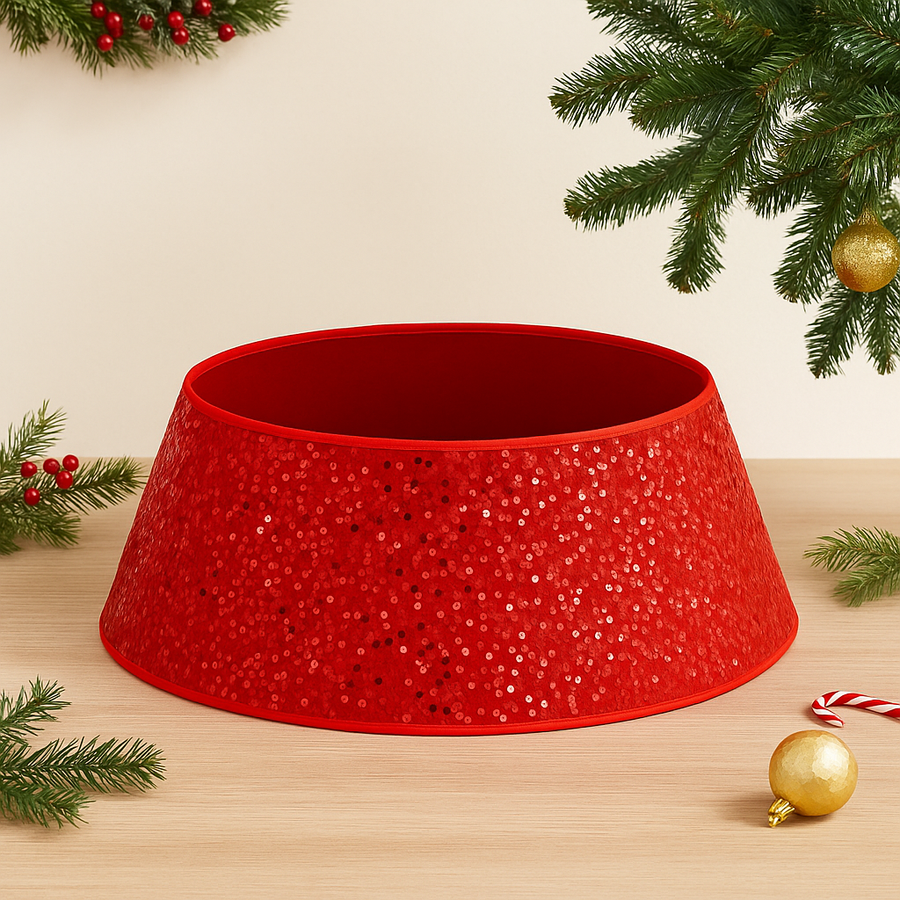 Coral Tree 31.5-Inch Red Glitter Christmas Tree Collar – Premium Sequined Tree Base Cover with 23.6-Inch Top Opening, 10.2-Inch Height – Durable Holiday Décor Stand Cover for Artificial & Real Christmas Tree
