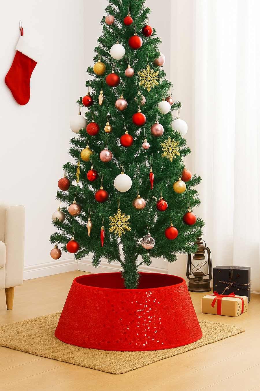 Coral Tree 31.5-Inch Red Glitter Christmas Tree Collar – Premium Sequined Tree Base Cover with 23.6-Inch Top Opening, 10.2-Inch Height – Durable Holiday Décor Stand Cover for Artificial & Real Christmas Tree