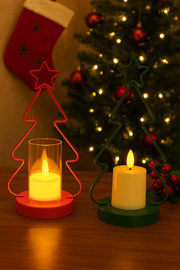 Coral Tree Set of 2 LED Christmas Tree Candle Holders – Red & Green Festive Lights