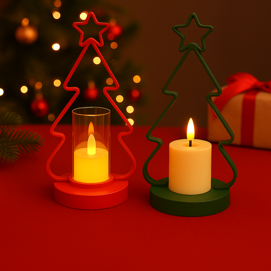 Coral Tree Set of 2 LED Christmas Tree Candle Holders – Red & Green Festive Lights