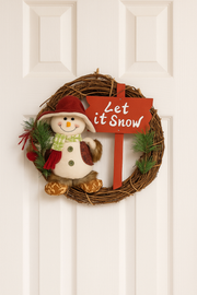 Coral Tree “Let It Snow” Christmas Wreath with Adorable Snowman  Handmade Natural Wooden Ring with plush snowman