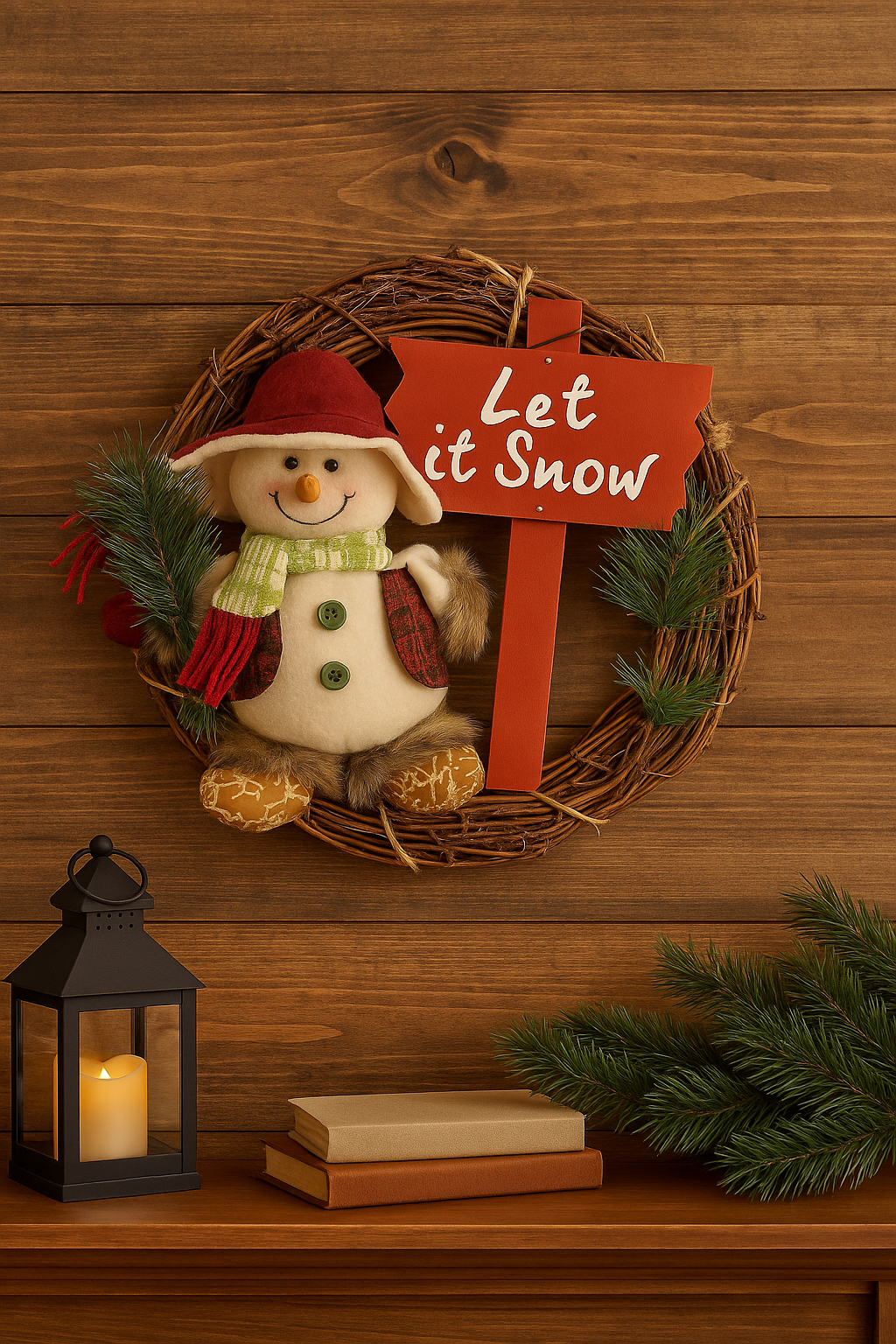 Coral Tree “Let It Snow” Christmas Wreath with Adorable Snowman  Handmade Natural Wooden Ring with plush snowman