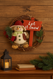 Coral Tree “Let It Snow” Christmas Wreath with Adorable Snowman  Handmade Natural Wooden Ring with plush snowman