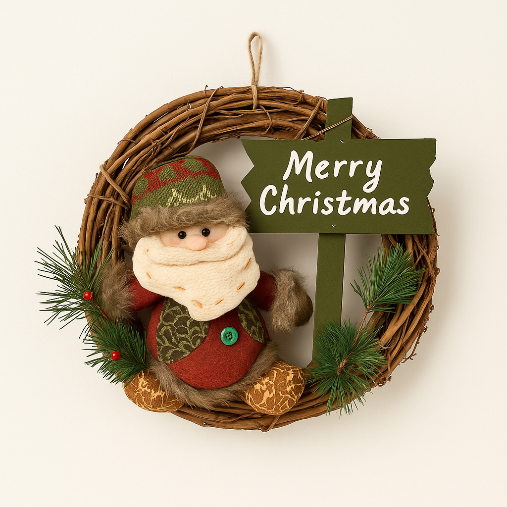 Coral Tree Rustic “Merry Christmas” Wreath with Santa Figurine – 38 cm Vine Ring with Wooden Sign & Pine Accents for Door and Wall Decoration
