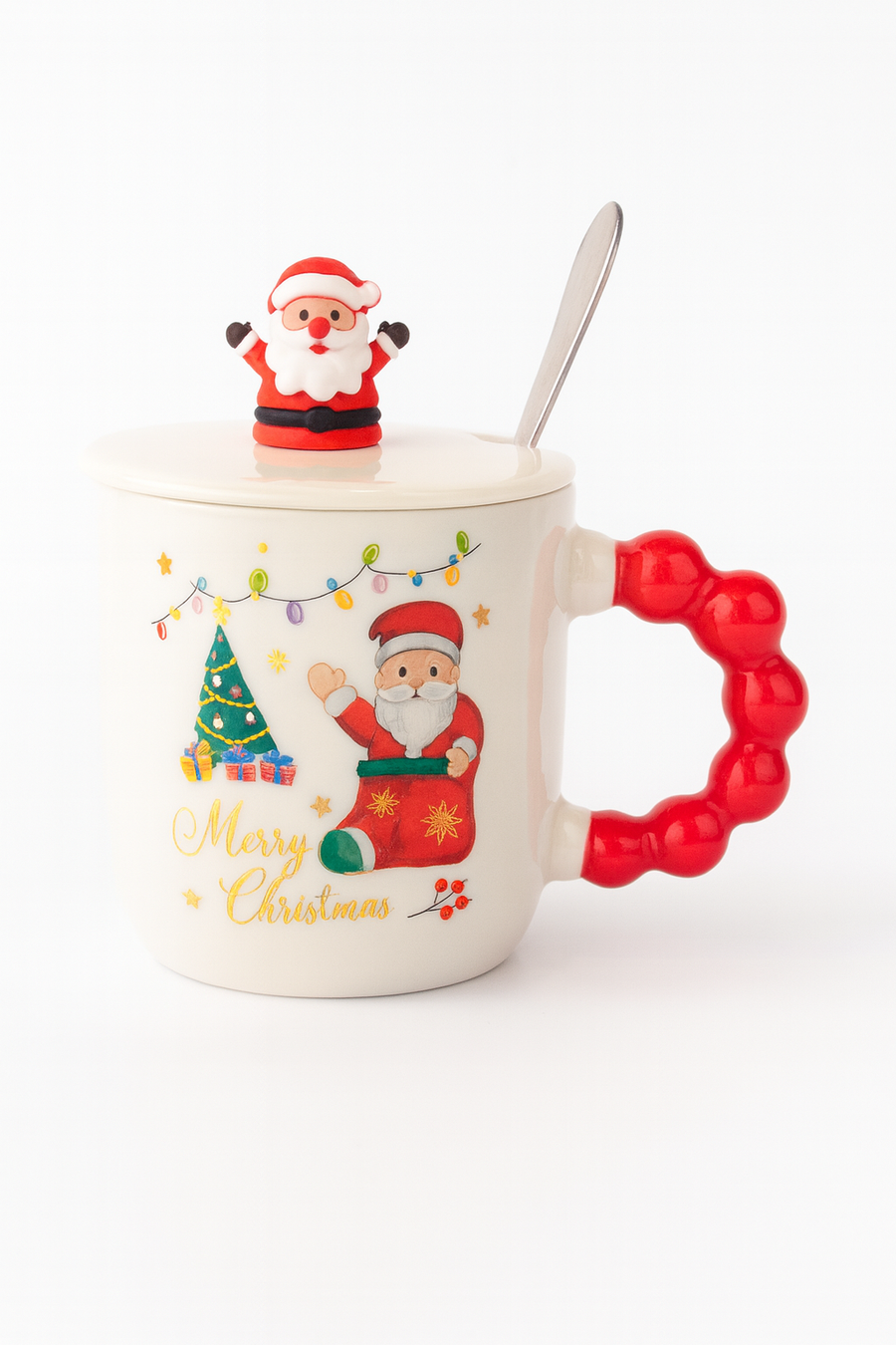 Christmas Ceramic Mug with Lid & Spoon | 350 ML Santa Mug with Red Handle | Merry Christmas Gift Cup for Coffee