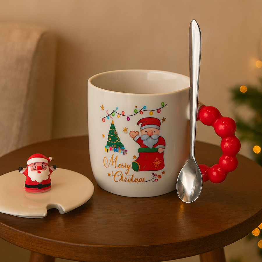 Christmas Ceramic Mug with Lid & Spoon | 350 ML Santa Mug with Red Handle | Merry Christmas Gift Cup for Coffee