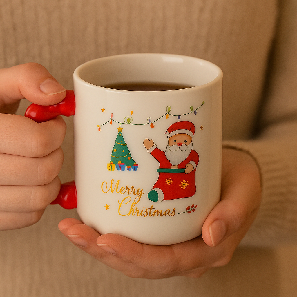 Christmas Ceramic Mug with Lid & Spoon | 350 ML Santa Mug with Red Handle | Merry Christmas Gift Cup for Coffee