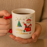 Christmas Ceramic Mug with Lid & Spoon | 350 ML Santa Mug with Red Handle | Merry Christmas Gift Cup for Coffee