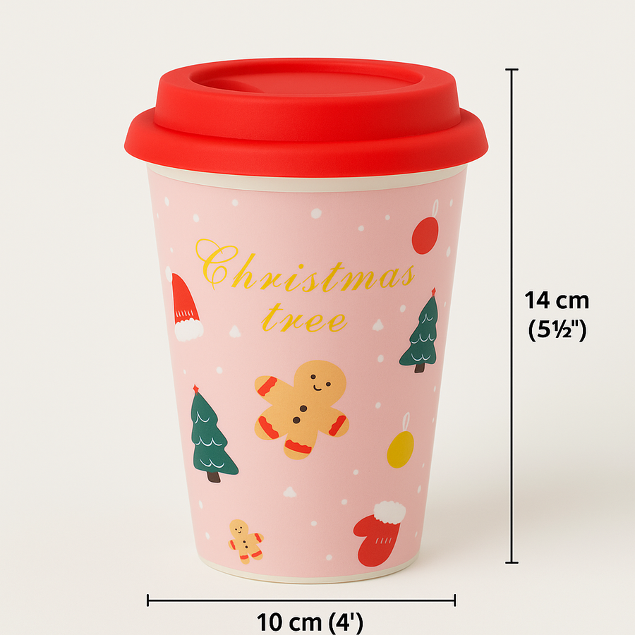 Christmas Ceramic Mug with Red Silicone Lid – 400 ml Coffee & Tea Cup