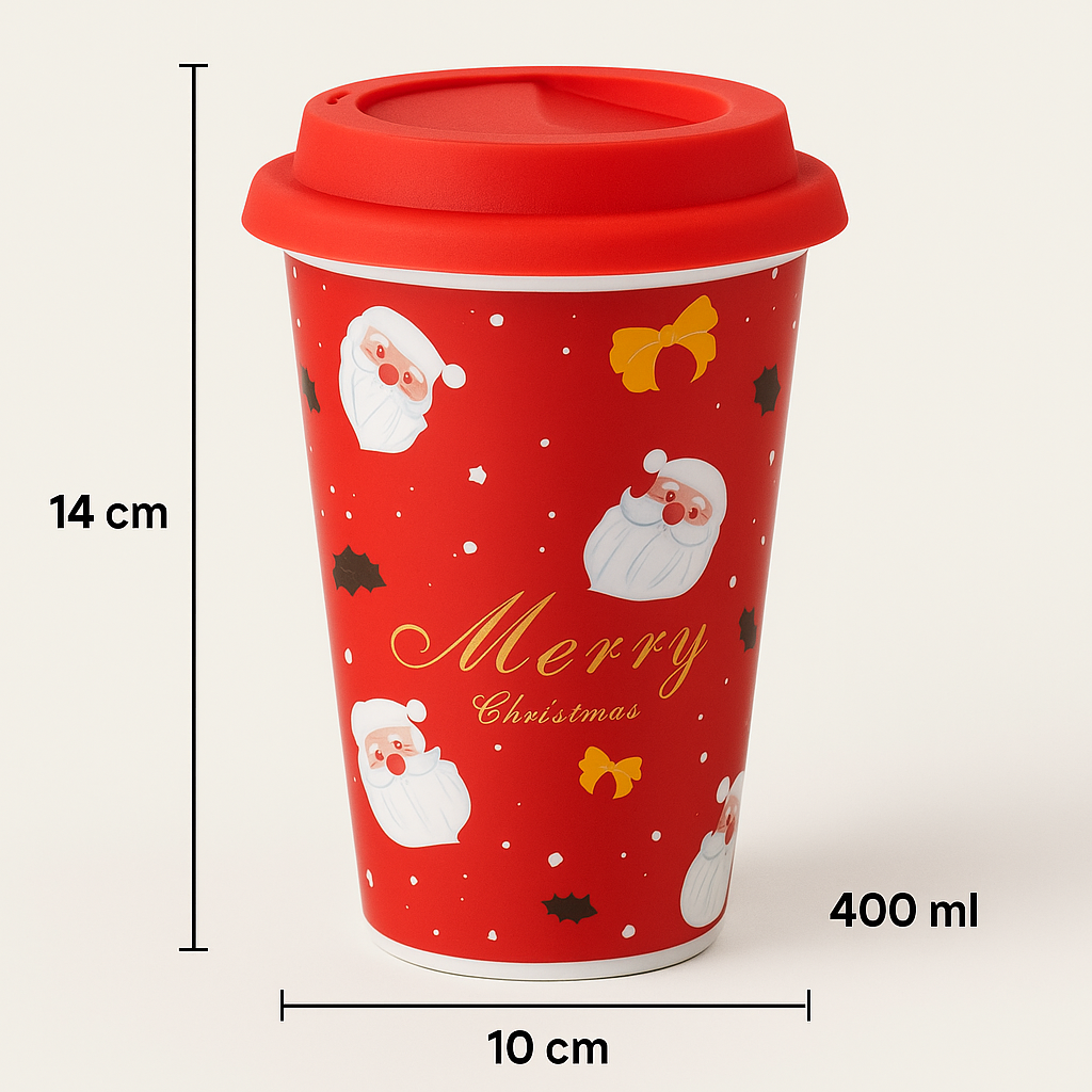 Christmas Ceramic Mug with Red Silicone Lid – 400 ml Coffee & Tea Cup