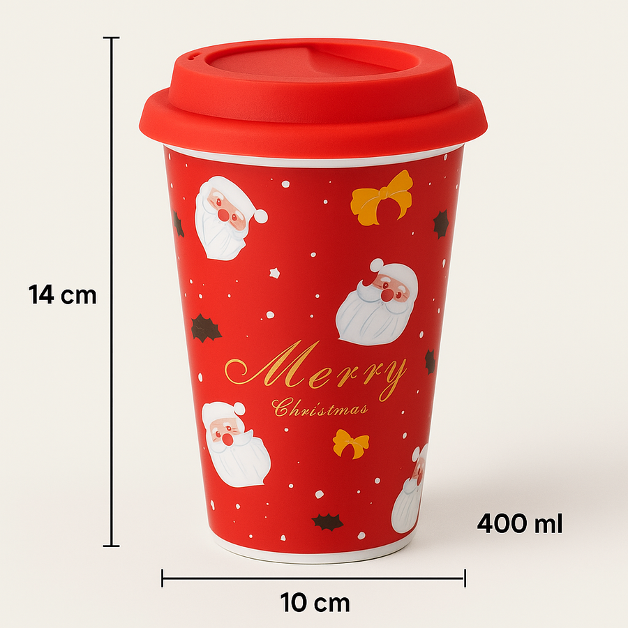 Christmas Ceramic Mug with Red Silicone Lid – 400 ml Coffee & Tea Cup