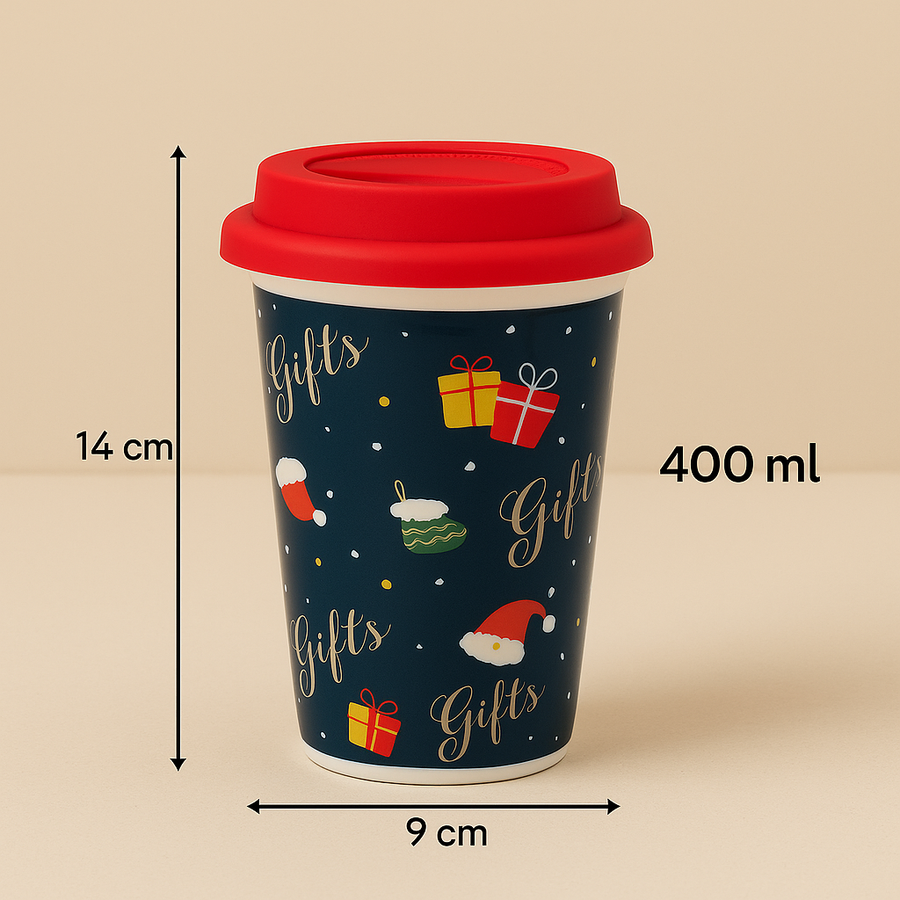 Christmas Ceramic Mug with Red Silicone Lid – 400 ml Coffee & Tea Cup