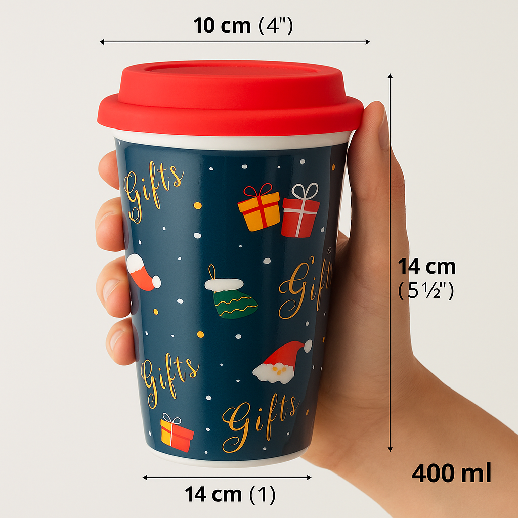 Christmas Ceramic Mug with Red Silicone Lid – 400 ml Coffee & Tea Cup