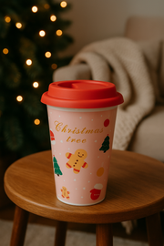 Christmas Ceramic Mug with Red Silicone Lid – 400 ml Coffee & Tea Cup