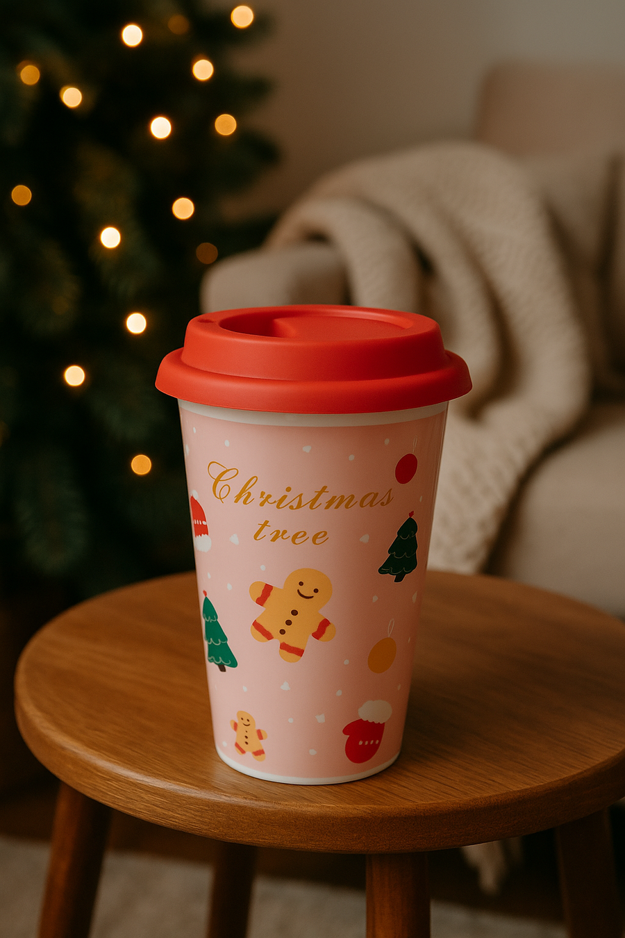 Christmas Ceramic Mug with Red Silicone Lid – 400 ml Coffee & Tea Cup