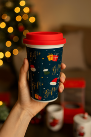 Christmas Ceramic Mug with Red Silicone Lid – 400 ml Coffee & Tea Cup