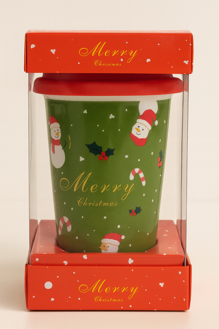 Christmas Ceramic Mug with Red Silicone Lid – 400 ml Coffee & Tea Cup