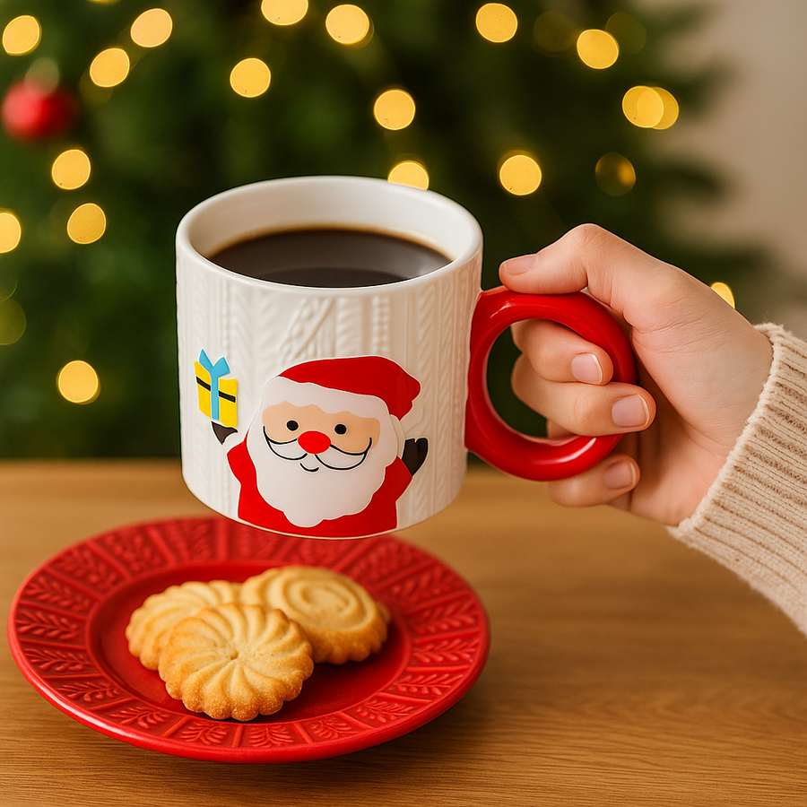Christmas Santa Ceramic Mug with Red Plate – 300ml Festive Coffee Mug Set