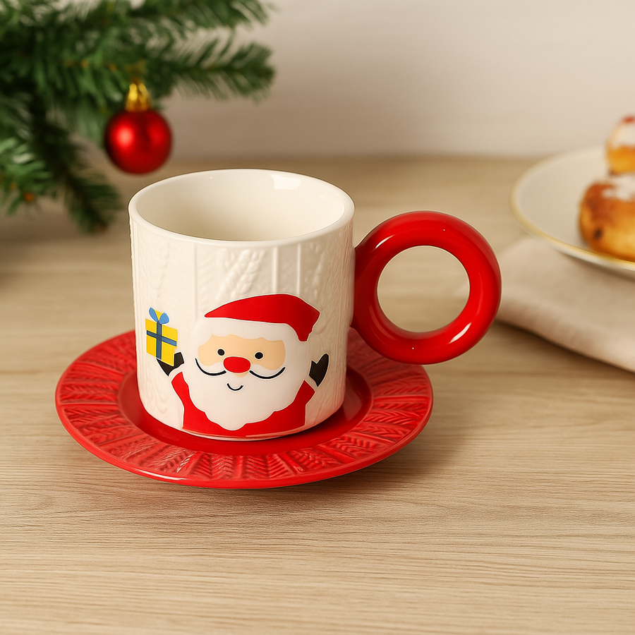 Christmas Santa Ceramic Mug with Red Plate – 300ml Festive Coffee Mug Set
