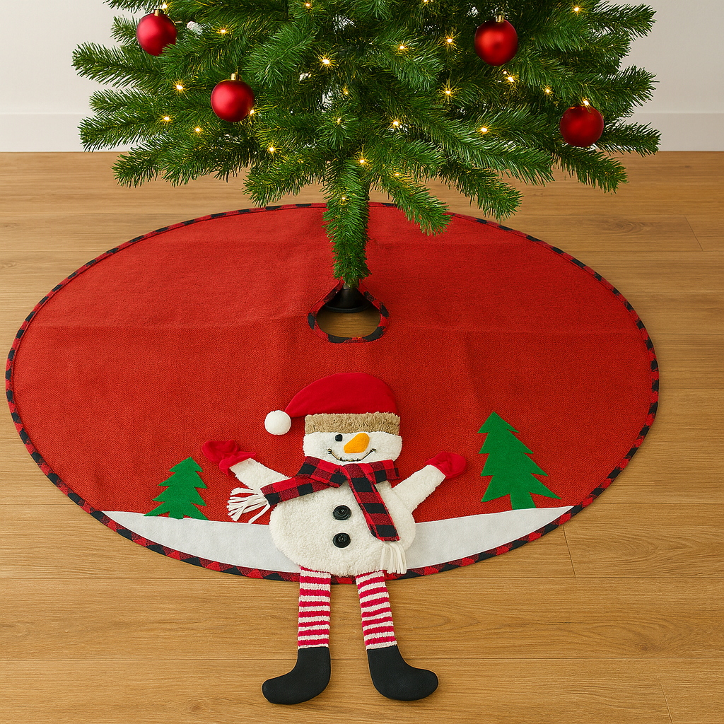 Christmas Tree Skirt, 120 cm Diameter – Red Cotton-Linen with Snowman