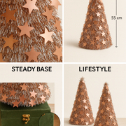 Set of 2 Rose-Gold Star Tinsel Christmas Cones – 55 cm Height,