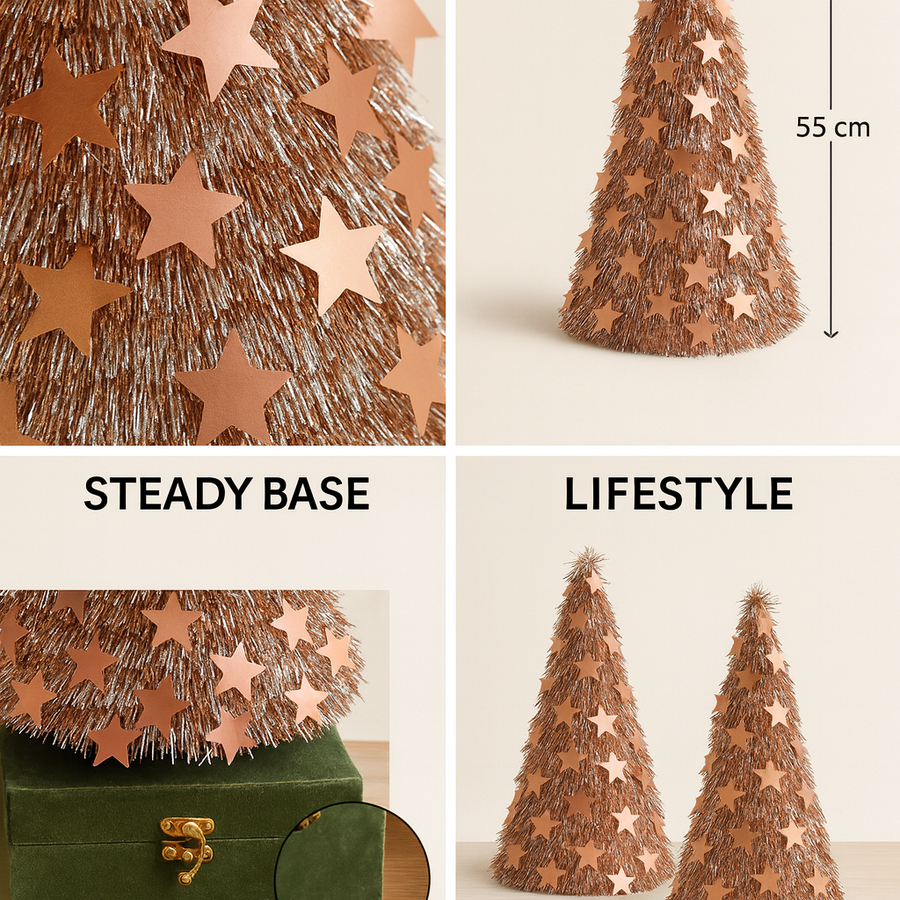 Set of 2 Rose-Gold Star Tinsel Christmas Cones – 55 cm Height,