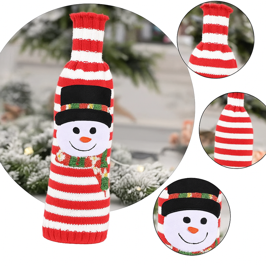 Coral Tree Christmas Wine Bottle Covers Set of 3 – Santa, Reindeer & Snowman Design | Red & White Striped Knitted Decoration Sleeves | 27 cm Height × 10 cm Width | Soft Acrylic Material | Festive Table & Gift Décor