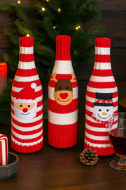 Coral Tree Christmas Wine Bottle Covers Set of 3 – Santa, Reindeer & Snowman Design | Red & White Striped Knitted Decoration Sleeves | 27 cm Height × 10 cm Width | Soft Acrylic Material | Festive Table & Gift Décor
