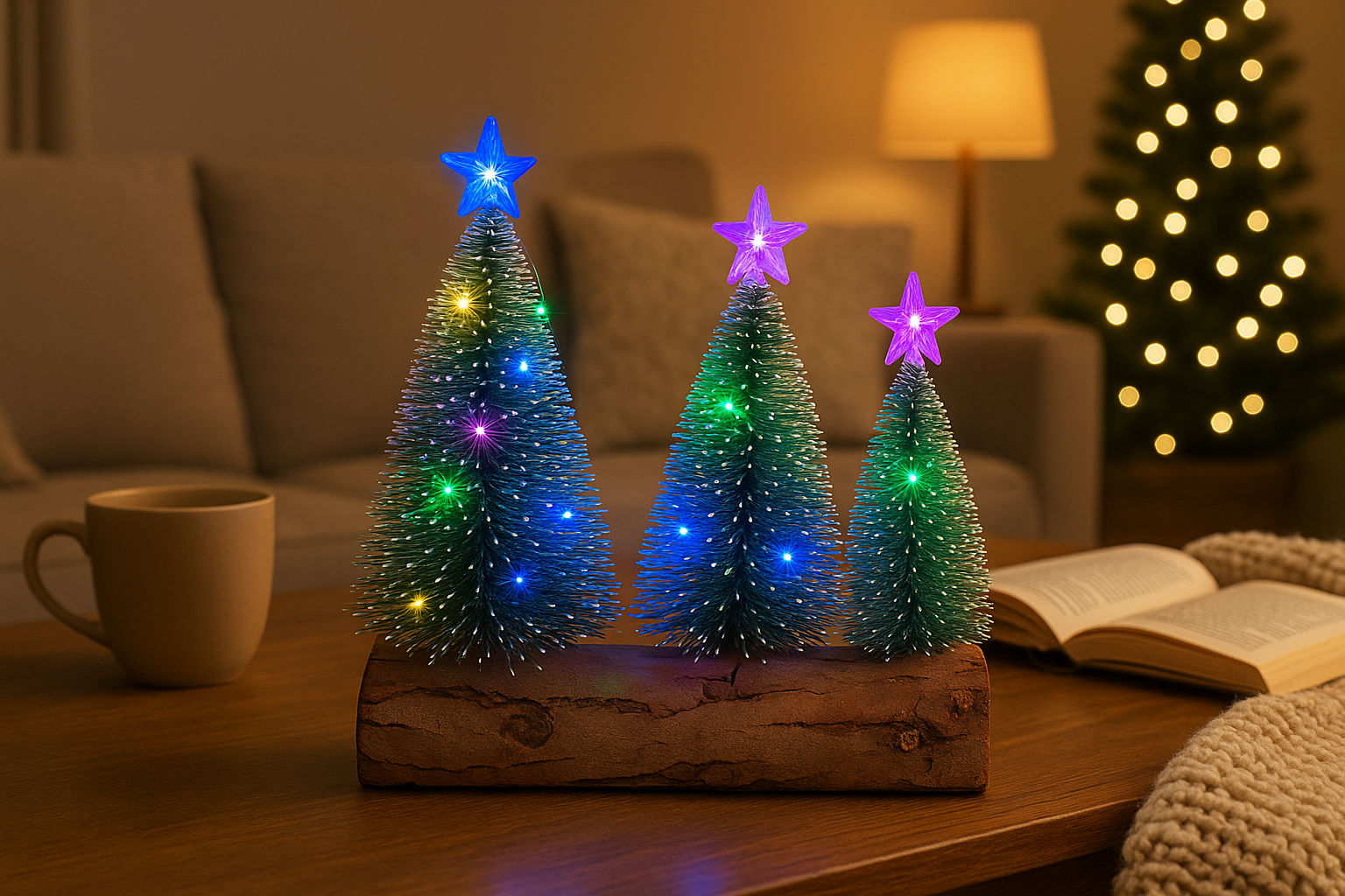 set of 3  Christmas LED Table Tree Set with Wooden Base