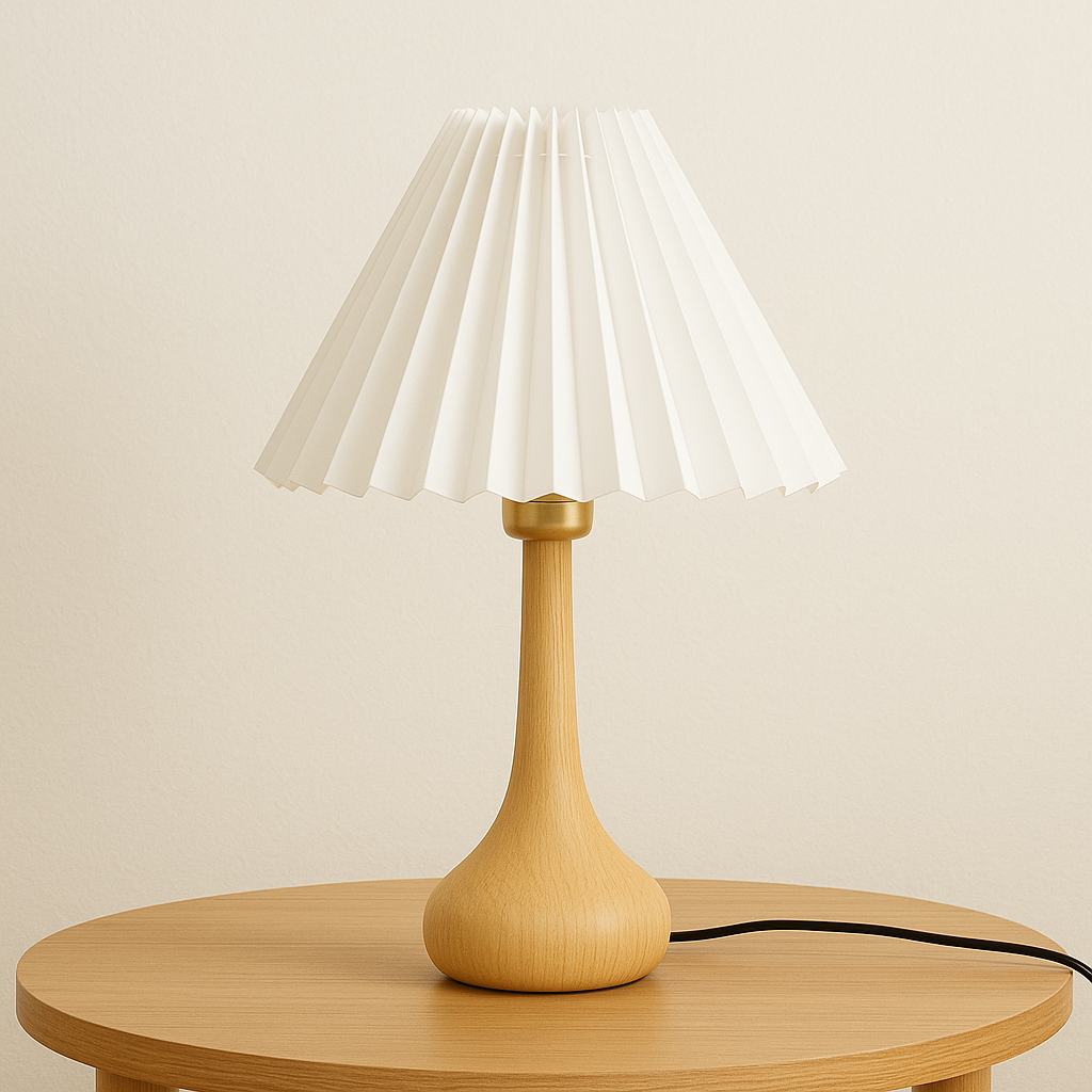 Natural Wooden Table Lamp with Pleated Shade
