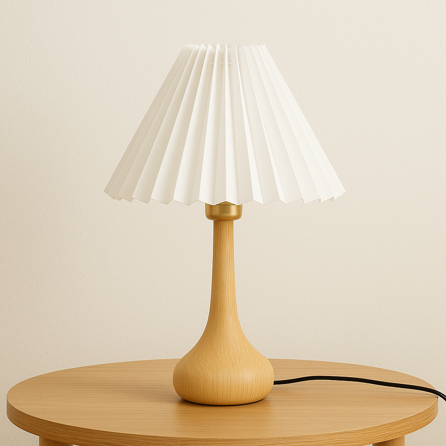 Natural Wooden Table Lamp with Pleated Shade