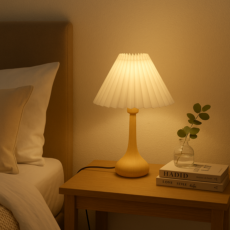 Natural Wooden Table Lamp with Pleated Shade