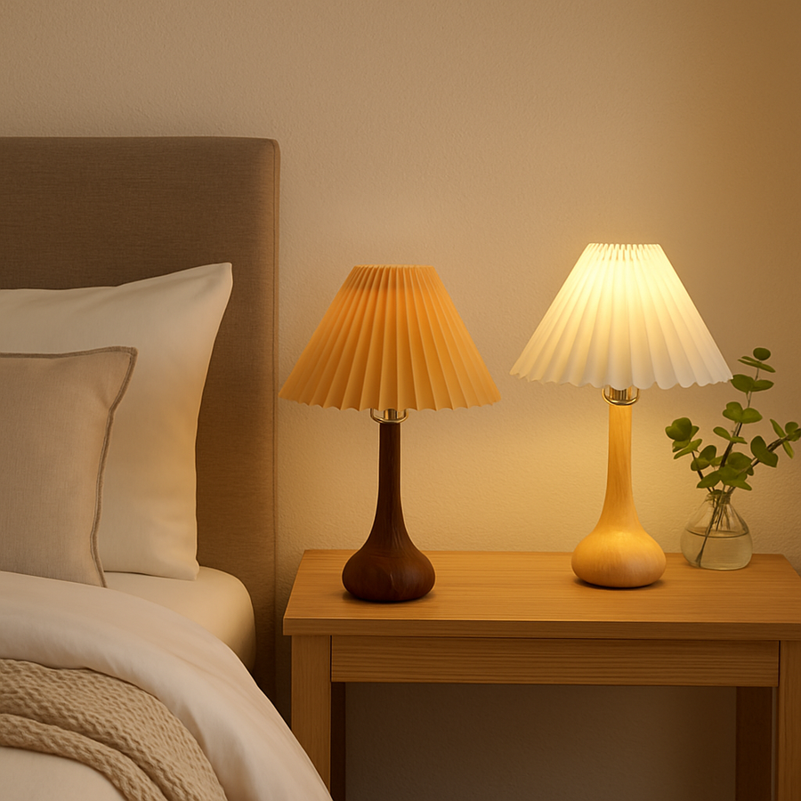 Natural Wooden Table Lamp with Pleated Shade
