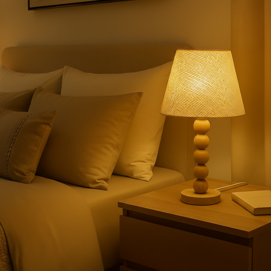 Wooden Sphere Table Lamp with Fabric Shade | Warm Ambient Bedside Lamp | Modern Decorative Light | 45 cm