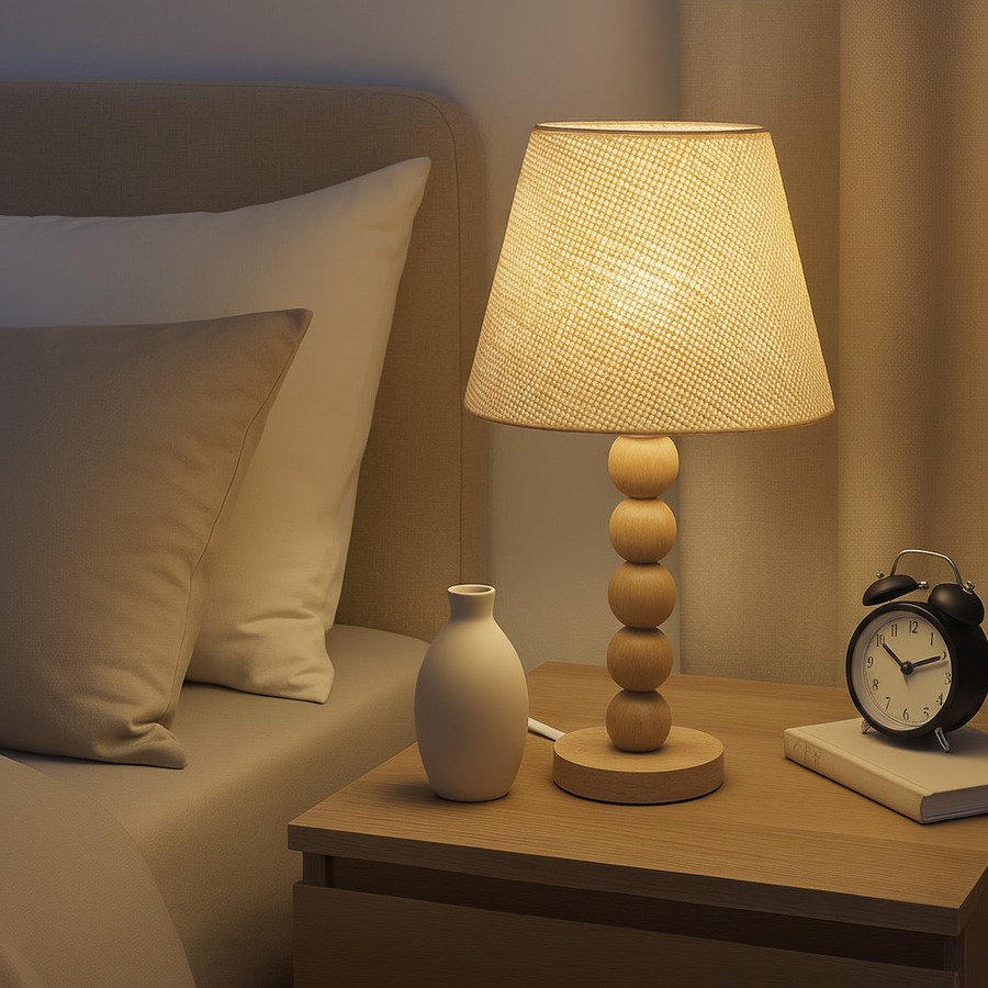 Wooden Sphere Table Lamp with Fabric Shade | Warm Ambient Bedside Lamp | Modern Decorative Light | 45 cm