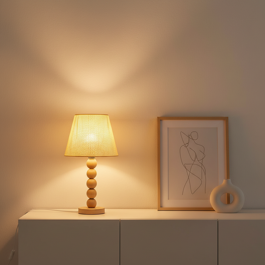 Wooden Sphere Table Lamp with Fabric Shade | Warm Ambient Bedside Lamp | Modern Decorative Light | 45 cm