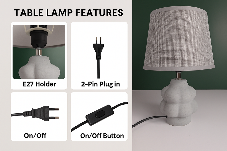 Modern Grey Table Lamp with Fabric Shade Concrete Texture Resin Base