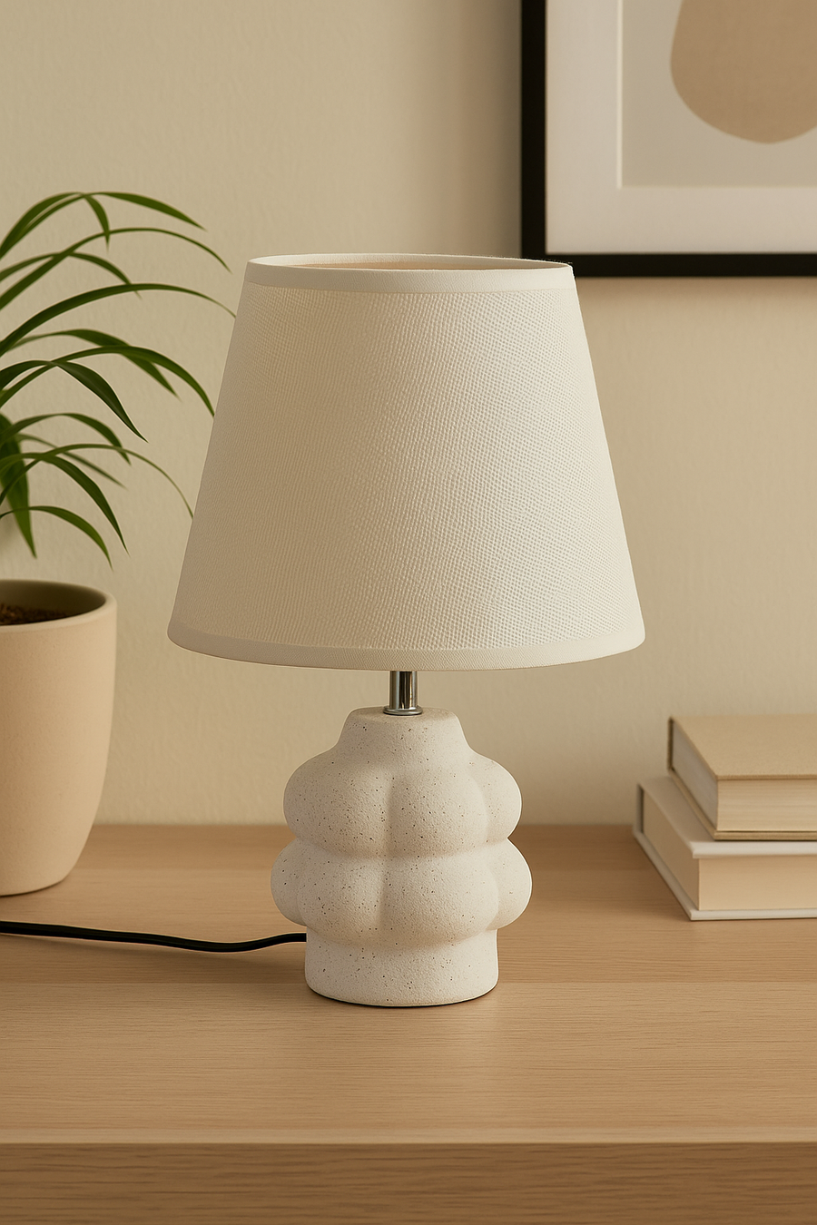 Modern Grey Table Lamp with Fabric Shade Concrete Texture Resin Base