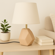 Modern Geometric Ceramic Table Lamp – Beige Finish with Off-White Shade
