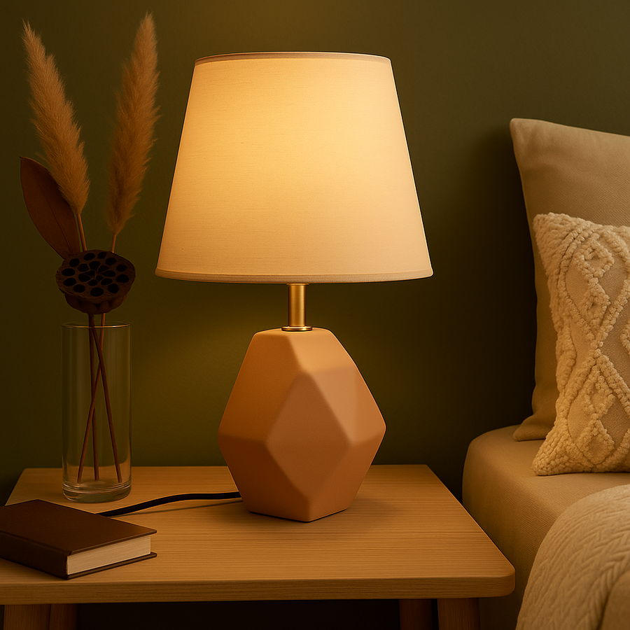 Modern Geometric Ceramic Table Lamp – Beige Finish with Off-White Shade
