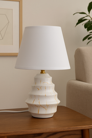 Elegant White Ceramic Table Lamp with Gold Veins & Linen Shade