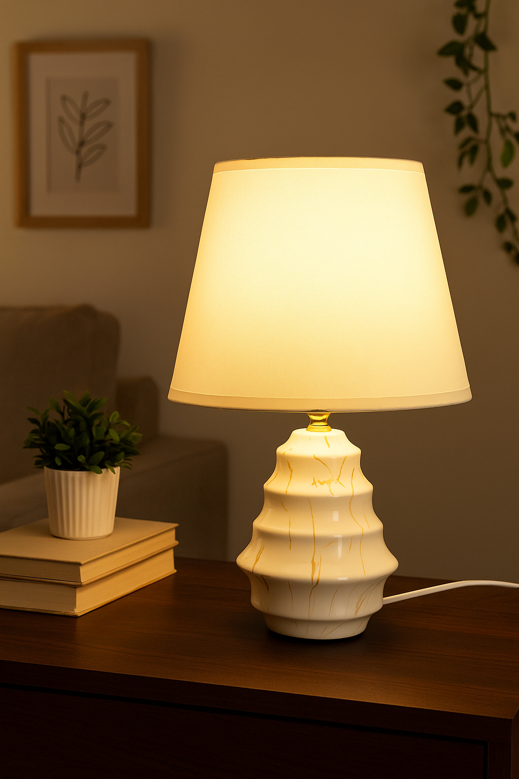 Elegant White Ceramic Table Lamp with Gold Veins & Linen Shade
