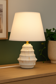 Elegant White Ceramic Table Lamp with Gold Veins & Linen Shade