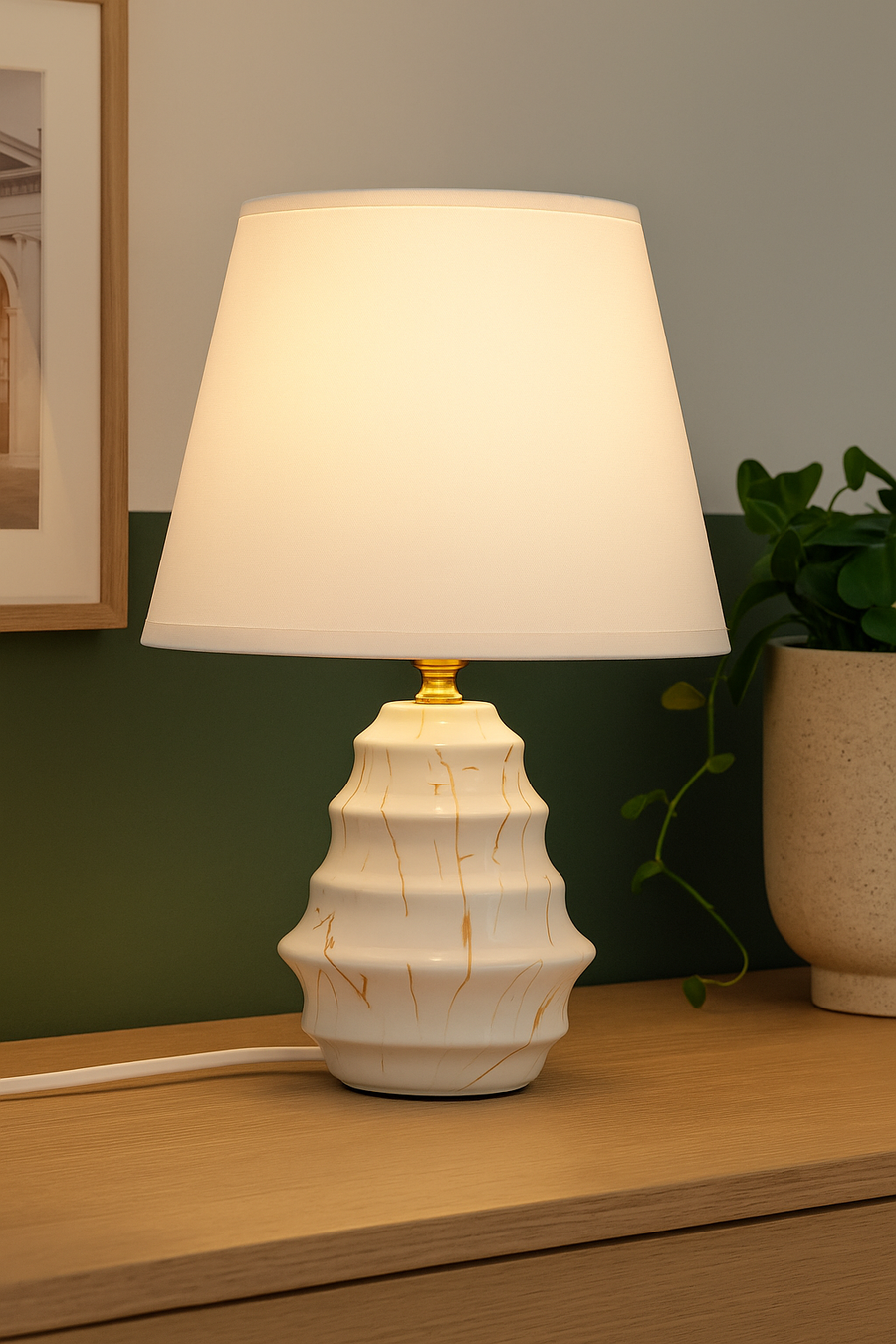 Elegant White Ceramic Table Lamp with Gold Veins & Linen Shade