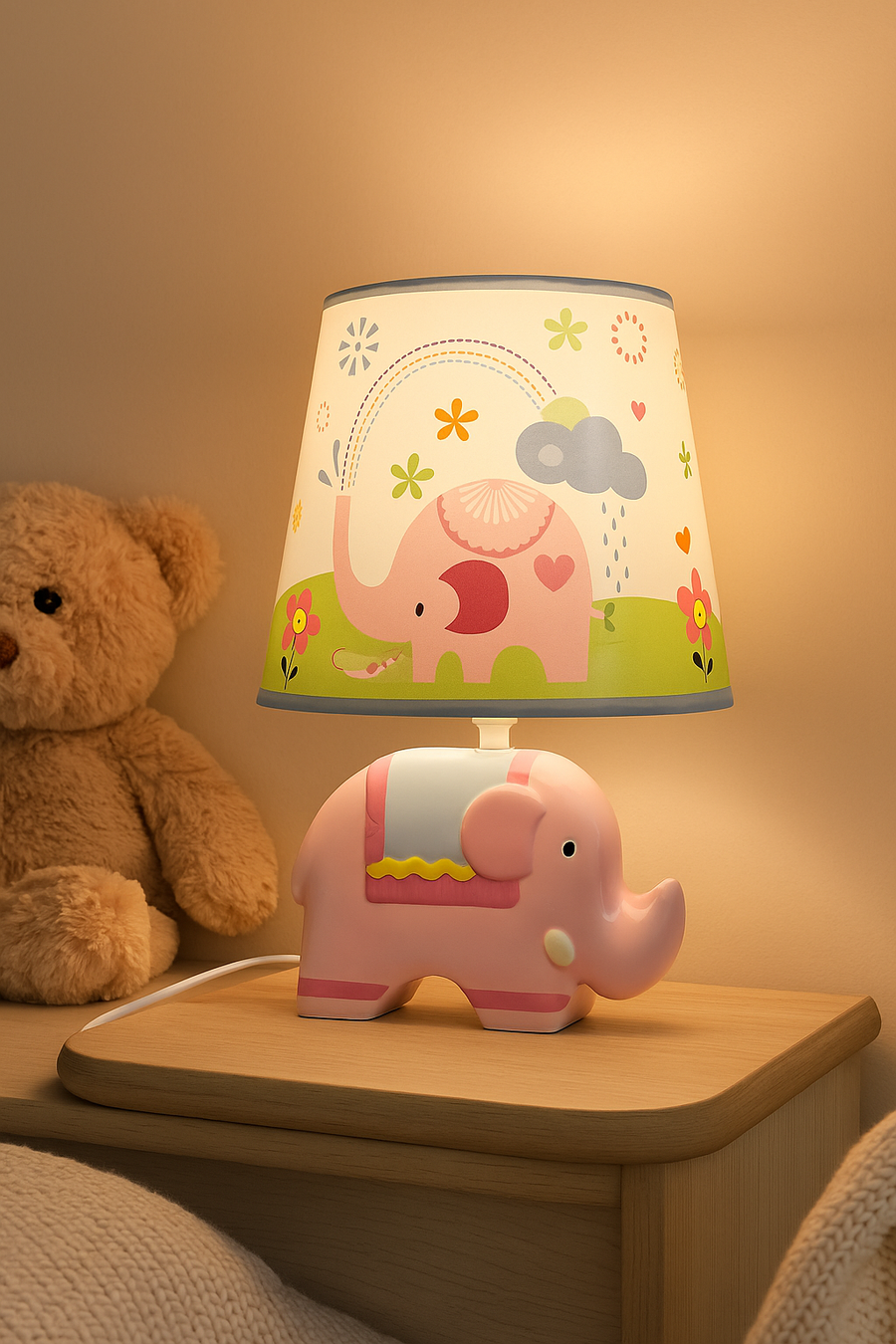 Adorable Pink Elephant Kids Table Lamp – Ceramic Base with Printed Fabric Shade, 32 cm × 22 cm