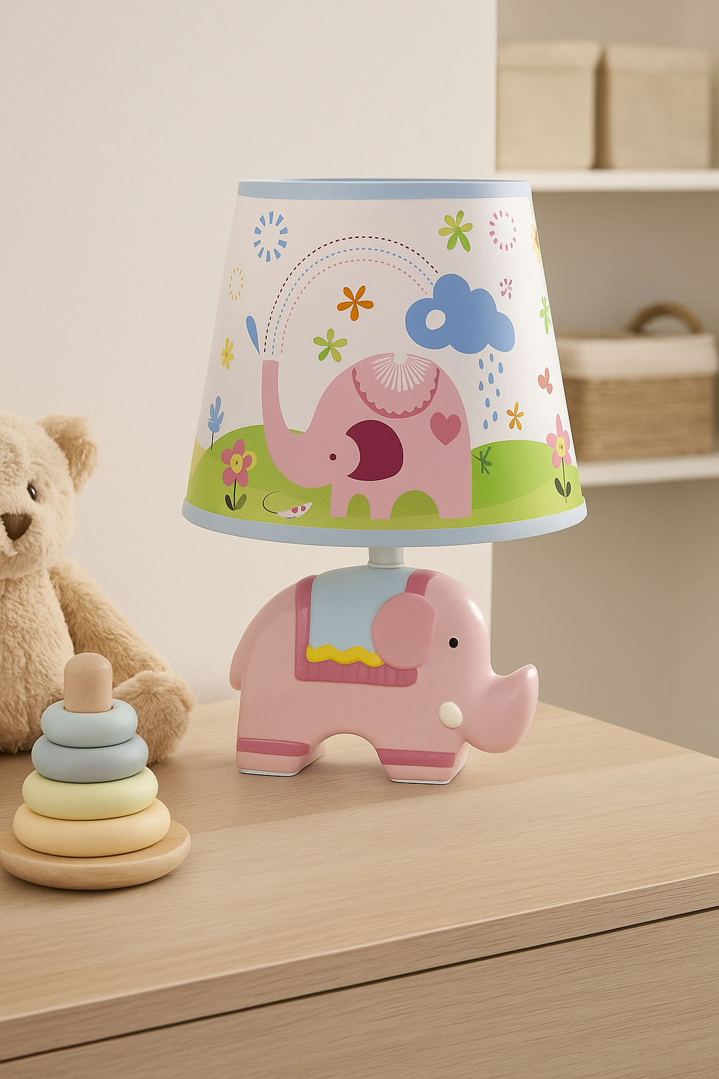 Adorable Pink Elephant Kids Table Lamp – Ceramic Base with Printed Fabric Shade, 32 cm × 22 cm